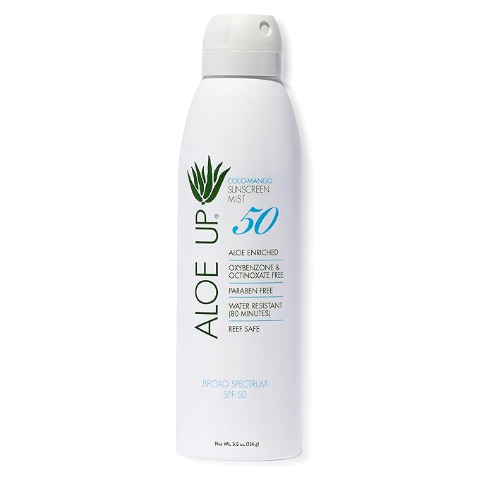 Aloe Up White Collection SPF 50 Sunscreen Spray Mist for Face & Body with Aloe Vera Gel, Water Resistant up to 80 Minutes, Reef Friendly, Non Greasy, Fast Absorbing, Coco Mango 5.5 oz