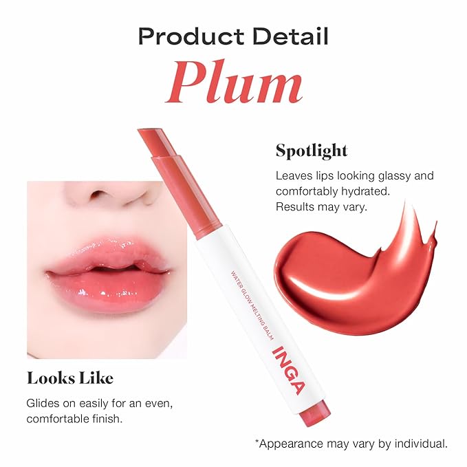 INGA Water Glow Melting Balm - Hydrating Tinted Lip Balm with Soft, Melt-On Texture, Natural Sheer, Glass-Like Finish with Non-Sticky, Lightweight Comfort (PLUM JUICE)