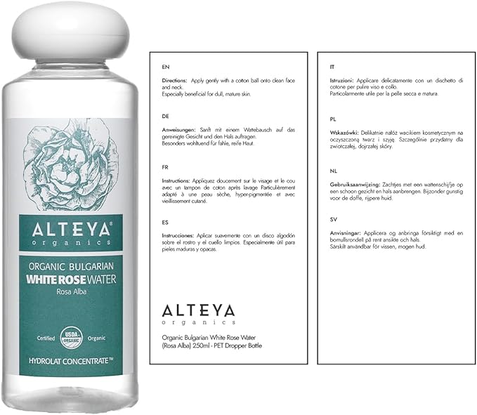 Alteya Organics White Rose Water USDA Certified Organic Facial Toner, 8.5 Fl Oz/250mL Pure Bulgarian Rosa Alba Flower Water,Award-Winning Moisturizer BPA-Free Bottle with Reducer