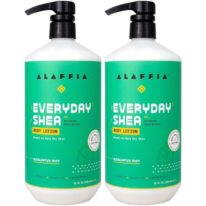 Alaffia Body Lotion 2-Pack, Everyday Shea, Eucalyptus Mint – Nourishing Moisturizer for Normal to Very Dry Skin, 32 Oz Ea