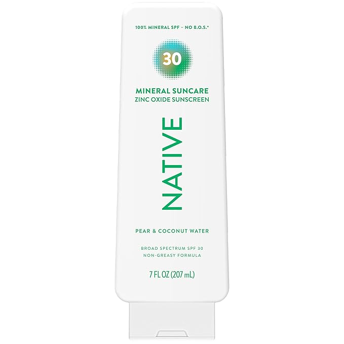 Native Mineral Sunscreen Lotion SPF 30, Pear & Coconut Water Scent, with 100% Mineral Zinc Oxide for Face & Body, Hawaii Compliant, Vegan, No White Cast - 7 oz