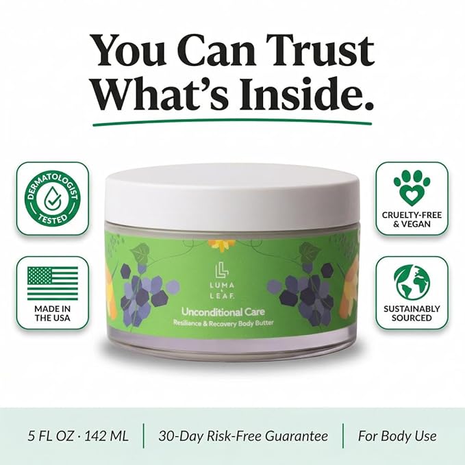 LUMA & LEAF Whipped Body Butter 5 oz, Natural Shea Butter Body Cream with Grapeseed Oil, Vitamin E & Prickly Pear, Deep Hydration for Dry Skin, Stretch Marks & Scars, Fragrance Free, Clean Skincare