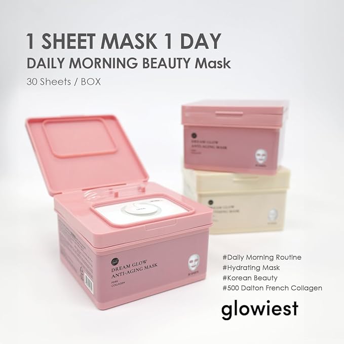 glowiest Dream Glow Slow Aging Sheet Mask(30sheets) | PDRN + 500Da French Collagen | Niacinamide, Peptides, Hyaluronic Acids | Firming & Hydrating Face Mask | Korean Skincare