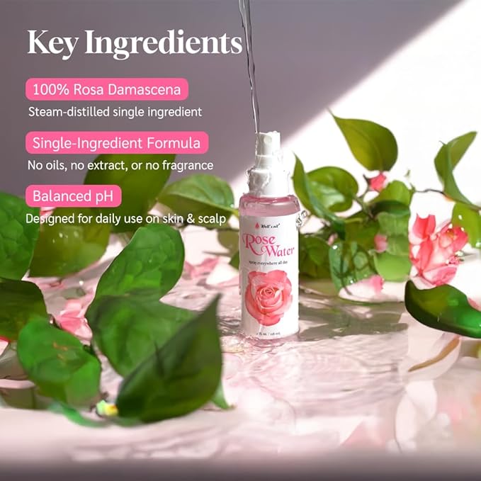 Well's Oil Rosewater Face & Hair Mist Spray (2 fl oz / 59 mL) | Floral Rosewater Hydrosol | Alcohol-Free