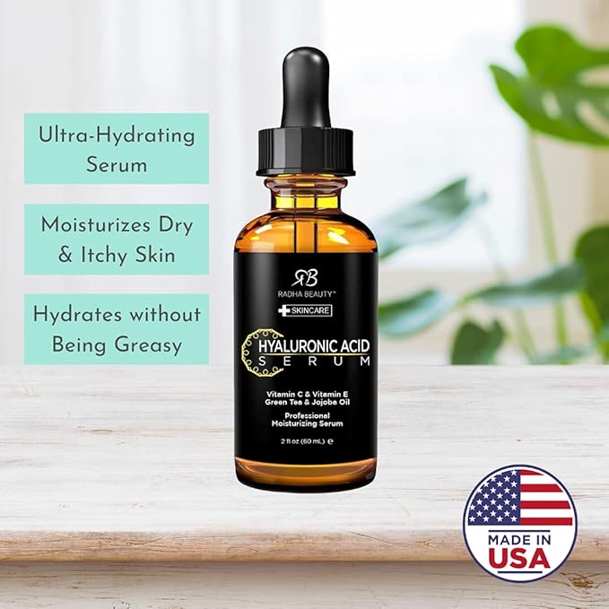 Radha Beauty Hyaluronic Acid Serum for Face, 2 fl. oz - Infused with Vitamin C + E + Green Tea & Jojoba Oil for Anti-Aging, Wrinkles, and Fine Lines - For Radiant and Healthy Skin