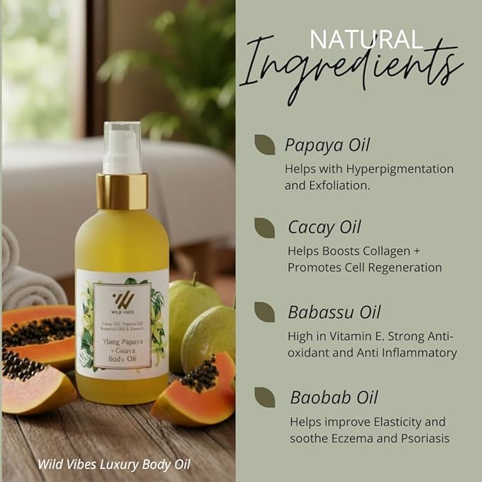 Wild Vibes Ylang Papaya + Guava Body & Massage Oil - Hydrating Jojoba, Papaya Seed Oil, Vitamin E, Lupine Seed Extract for Collagen production – Nourishing Oil for all skin types 4oz
