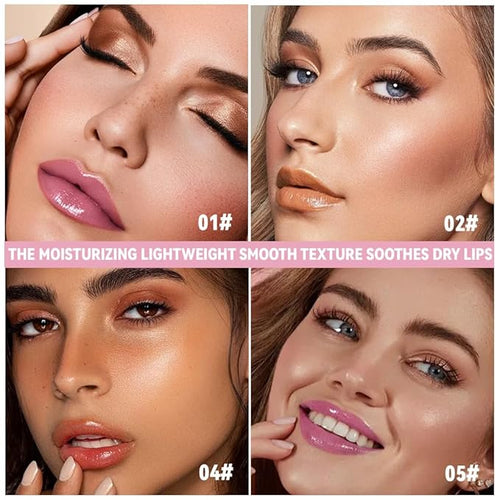 4Pcs Summer Lip Butter Lip Balm Glow Reviver Lip Gloss, Melting Lip Serum, Ultra-Hydrating Natural Vegan Lip Balm, Sheer-Tinted Shine & Hydration, Soothes & Softens Dry Lips (01+02+04+05)