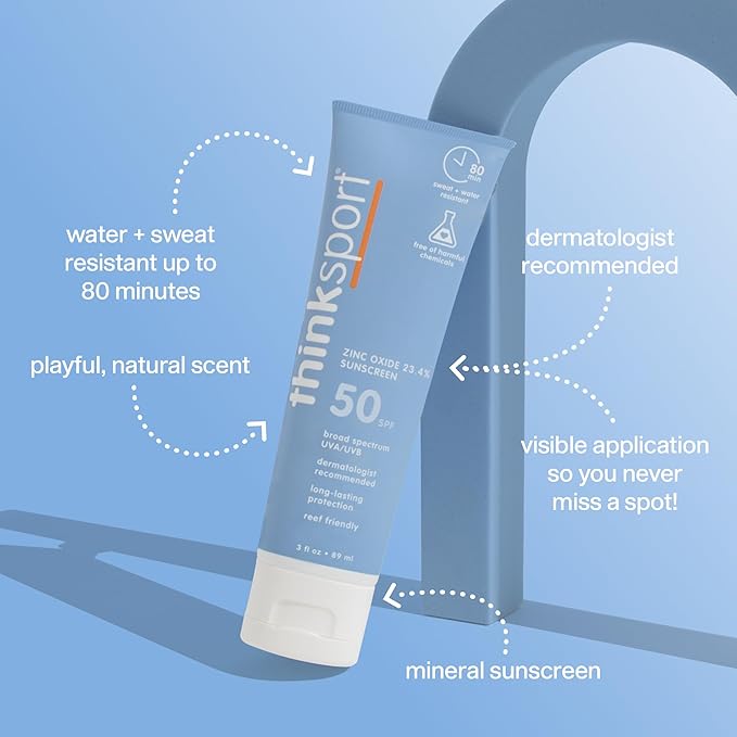 Thinksport SPF 50 Mineral Sunscreen – Safe, Natural Sunscreen for Sports & Active Use - Water Resistant Sun Cream –UVA/UVB Sun Protection – Vegan, Reef Friendly Sun Lotion, 3 Fl Oz (Pack of 1)