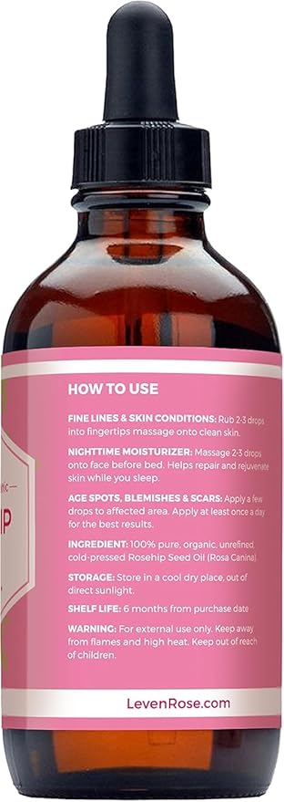 Leven Rose Rosehip Seed Oil for Face 1 oz - Pure Rosehip Oil for Face - Unrefined Cold Pressed Rosehip Oil for Body - Nighttime Face Moisturizer for Hair, Skin & Nails