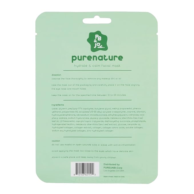 PB & JAY Purenature Facial Mask – Premium Quality Korean Sheet Mask for Oily & Blemish-Prone Skin – Korean Collagen Essence Clarifying Facemask Sheet (Tea Tree)