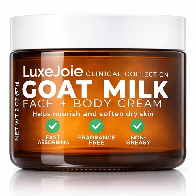 LuxeJoie Goat Milk Face Cream – Fragrance Free Moisturizer for Dry & Sensitive Skin – Fast Absorbing Non Greasy Hydration – Gentle Goat Milk Face & Body Lotion with Shea Butter – 2 oz