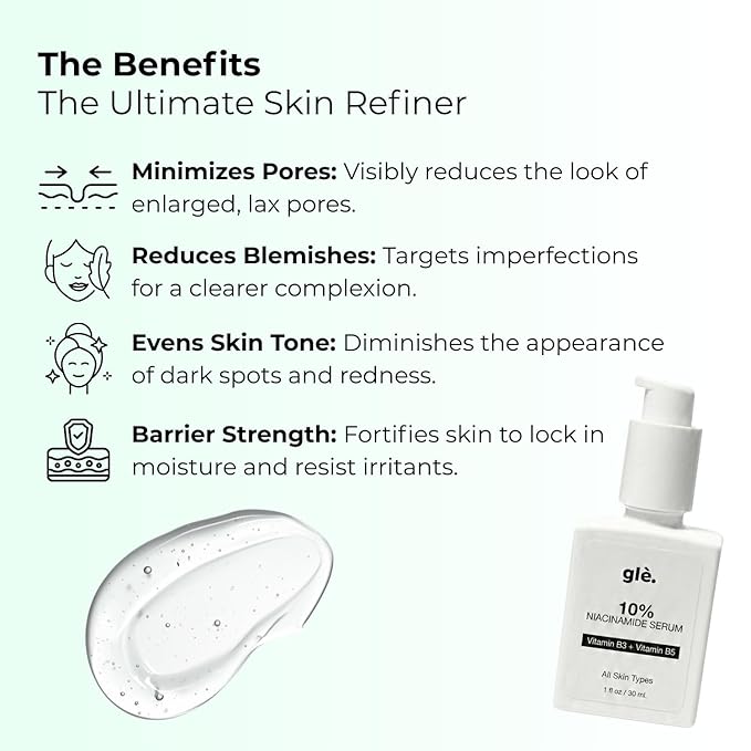 Gle Skin 10% Niacinamide Facial Serum with Vitamin B5 – Advanced Pore Minimizer & Skin Texture Refiner – Brightening Face Serum for Uneven Tone, Oil Control & Hydrating Barrier Support – 1 fl oz