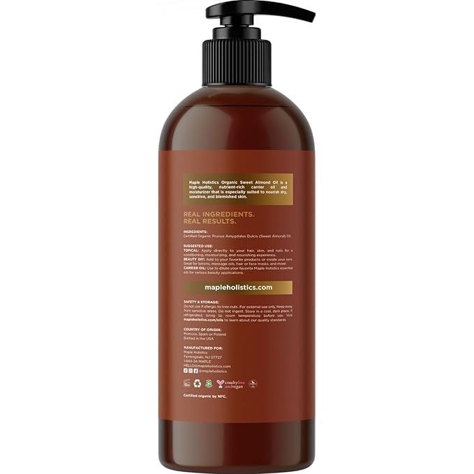 USDA Organic Sweet Almond Oil - Pure Cold Pressed Organic Almond Oil for Skin Hair and Nails - Moisturizing Organic Body Oil for Women and Men plus Carrier Oil for Essential Oils Mixing 16oz