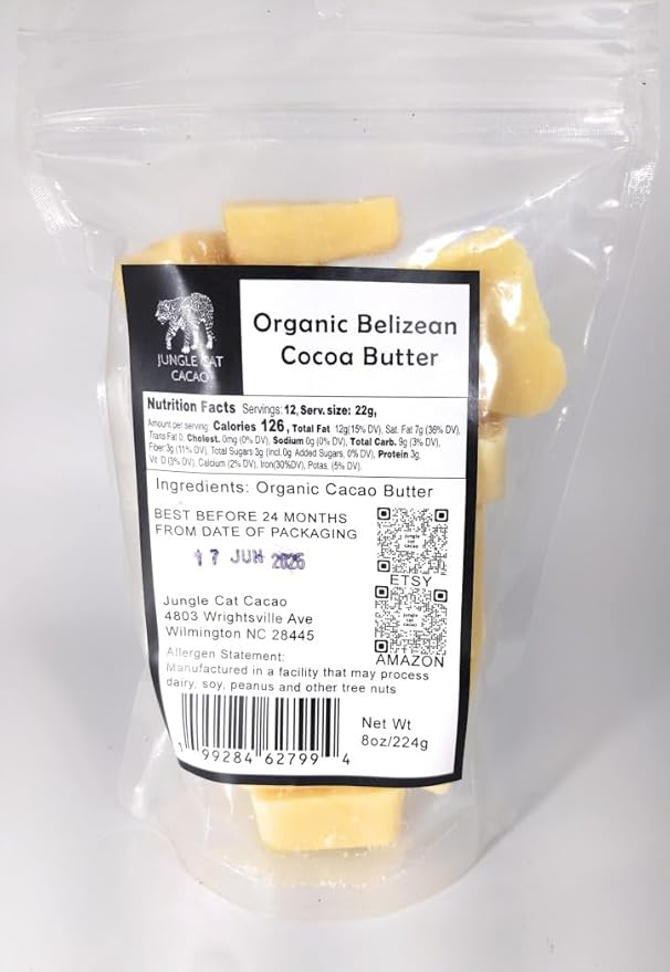 Jungle Cat Cacao Organic Belizean Cocoa Butter - 8oz - Pressed From Fresh Roasted Cacao - Tropical Aroma - Food Grade