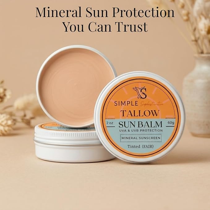 Tallow Sun Balm- with grassfed beef tallow, castor oil, zinc oxide | Mineral Sunscreen | Natural, Organic | Reef Safe, Ocean Friendly | Spf 30 - suitable for sensitive skin (2 oz) (Medium)