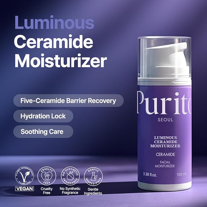 PURITO Luminous Ceramide Moisturizer | Five-Ceramide Barrier Recovery Cream for Dry & Sensitive Skin | Hydration Lock, Soothing Care, Vegan & Cruelty-Free | Korean Skincare, 100mL / 3.38 fl.oz