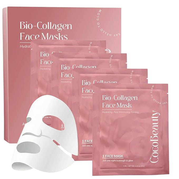 COCOBEAUTY Collagen Sheet Mask – Hydrating Korean Face Mask for Fine Lines & Anti-Aging, Deep Moisture, Radiant Skin Boost, Bio-Collagen Facial Masks (16 Pack)