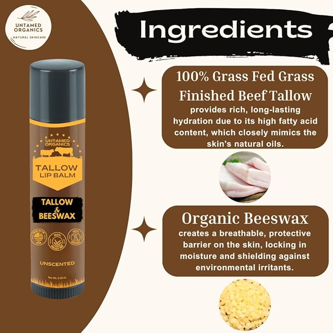 Untamed Organics Pure Tallow Lip Balm | 100% Grass-Fed Beef Tallow and Organic Beeswax | Moisturizing Lip Care for Dry, Chapped Lips | Hypoallergenic, Fragrance-Free | Handcrafted in USA | 4-Pack