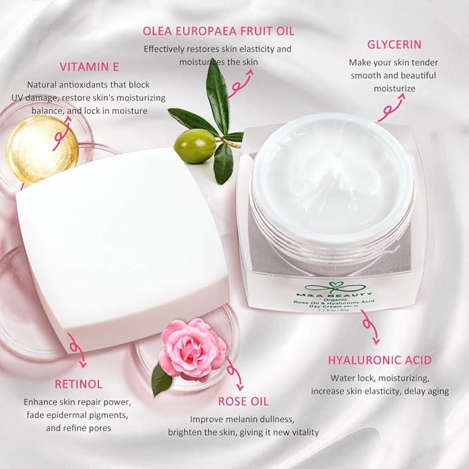M&A BEAUTY Organic Rose Oil Day Cream 3 in 1 facial moisturizer With SPF 30 and hyaluronic acid 1.7 OZ supper moisturizing