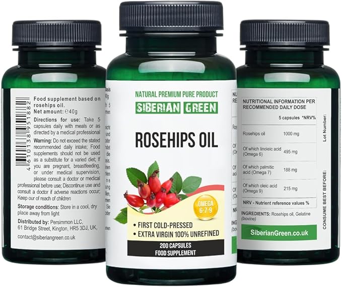 Siberian Green Rosehips Seed Oil Capsules 200 Softgels Wild Harvested Siberia Altai Cold Pressed Unrefined