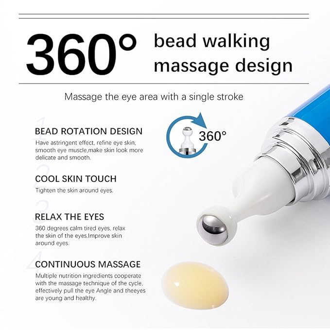 5% Caffeine Eye Serum, Anti-Aging Under Eye Roller Cream for Dark Circles Puffiness Wrinkles and Fine Lines, Korean EyeCare Cream with 360°Massage Ball, EyeBags Treatment for Men and Women