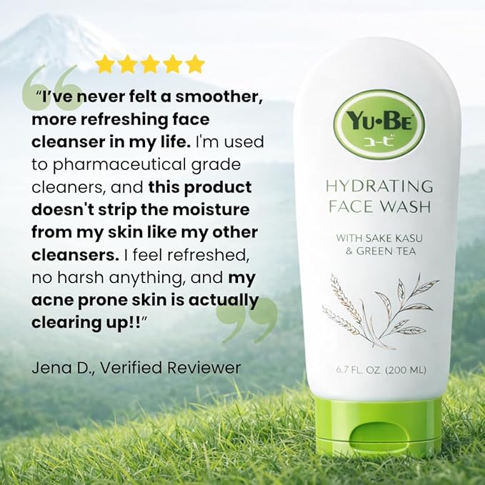 Yu-Be Hydrating Face Wash – Gentle Non Foaming Daily Calming Cleanser for Dry Sensitive Skin with Sake Kasu & Green Tea – Cleanses Deeply Without Stripping For Soft, Balanced Skin - 6.7 fl. oz.