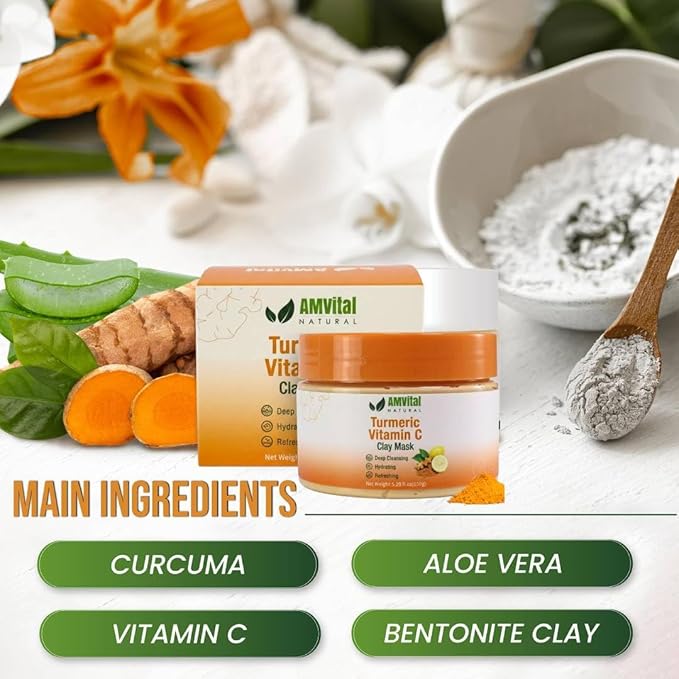 AMVital Turmeric Face Mask, Clay Facial Masks with Vitamin C, Skin Care for Acne and dark Spots, Smooth & Refine Pores, Anti Aging for Women, Non-Greasy Hydrating