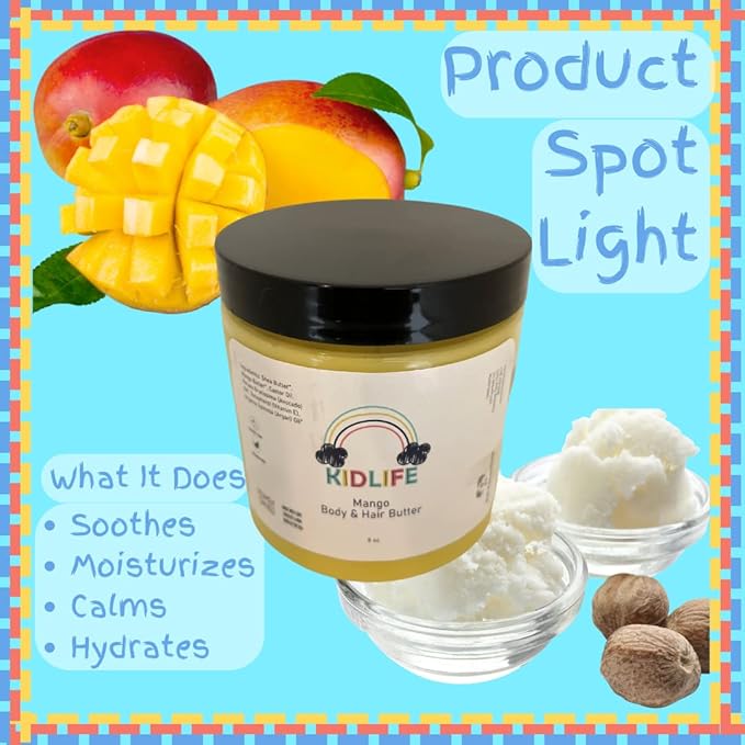 KJ3 Essentials KIDLIFE-All Natural Mango Butter Cream for Body and Hair Moisturizes and nourishes all skin and hair types great for kids and adults 8 oz Organic and Vegan hypoallergenic