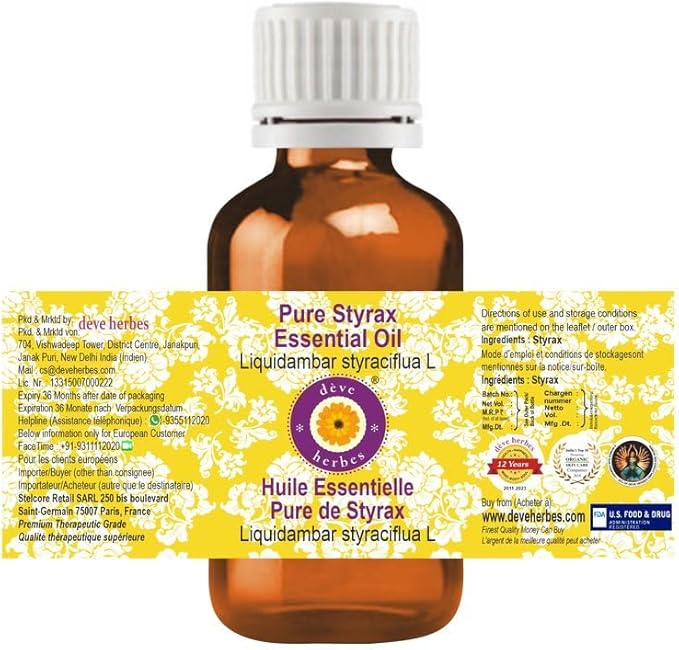 Deve Herbes Pure Styrax Essential Oil (Liquidambar styraciflua L) Steam Distilled 50ml (1.69 oz)