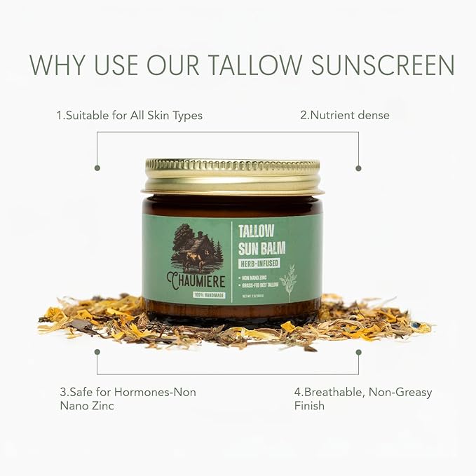 Tallow Sunscreen SPF 50 – Herb-Infused Balm with Non-Nano Zinc, Carrot Seed Oil & Grass-Fed Tallow – Natural Face & Body Moisturizer, Reef Safe, Organic Ingredients, Made in USA – 2.5 x 2 oz
