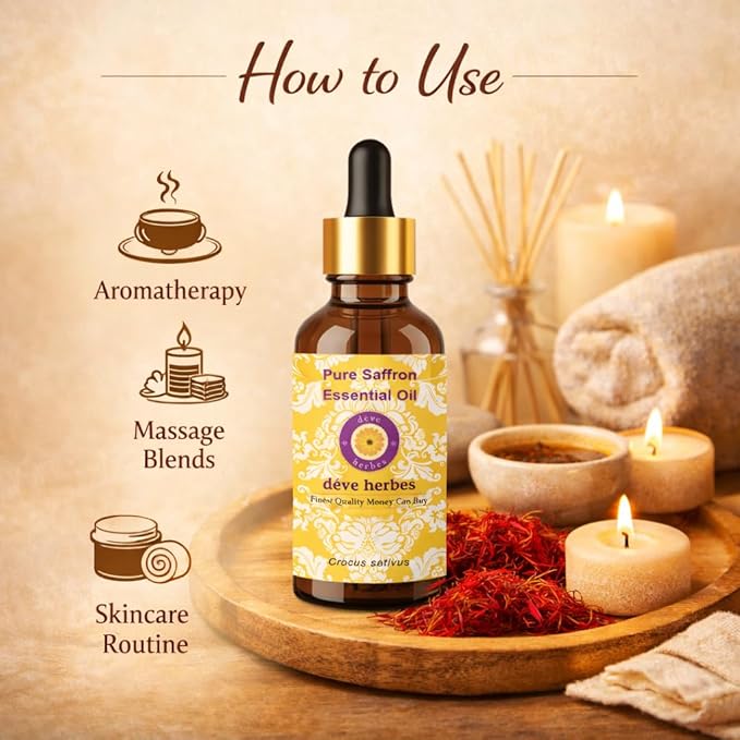 dève herbes Saffron Essential Oil (Crocus sativus) Pure | Non-Sticky | Non-Greasy | Lightweight | Men & Women | All Skin Types | Steam Distilled 10ml (0.33 oz)