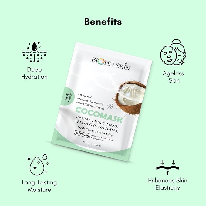 Premium Coconut Bakuchiol Facial Sheet Mask – Plant-Based Retinol Alternative – Hydrating & Anti-Aging True Cellular Mask – 3 Sheets/Box