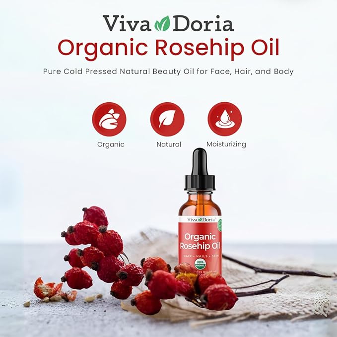Viva Doria Organic Rosehip Seed Oil, 30 ml (1 Fl Oz) | 100% Pure & Natural | USDA Organic | Cold-Pressed & Unrefined Carrier Oil for Face, Skin & Nails