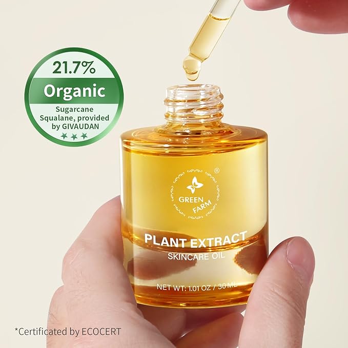 Face Oil with 21.7% ECOCERT Organic Squalane & Vitamin C - Plant-Based, Non-Greasy Facial Oil for Dry, Sensitive Skin - Anti-Aging, Brightening, Gua Sha Oil, 1 fl oz