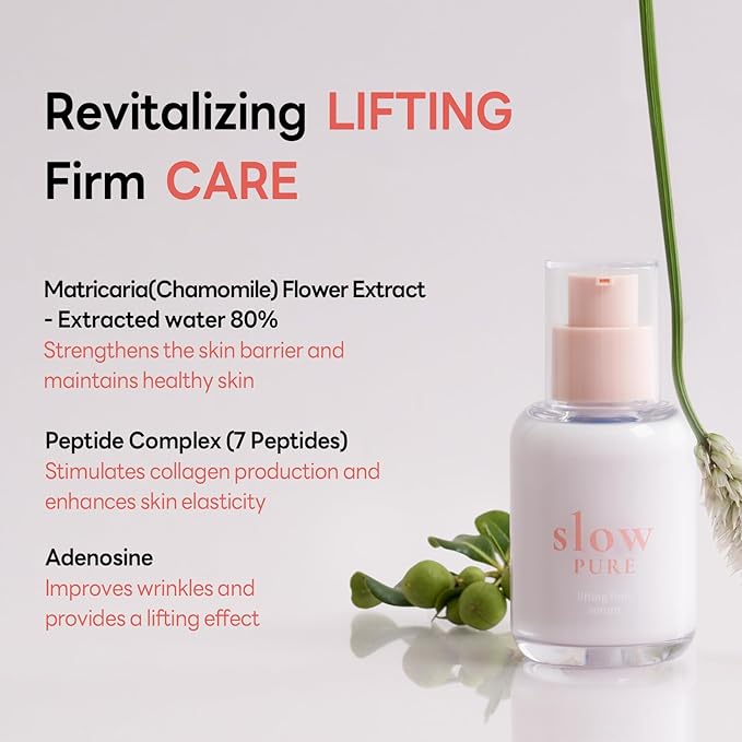 slowPURE Lifting Firm Serum - 80% Chamomile Flower Water, 7-Peptide Complex & Niacinamide, Slow-aging Korean Skin Care Milky Serum for Fine Lines and Elasticity, 1.69 fl.oz