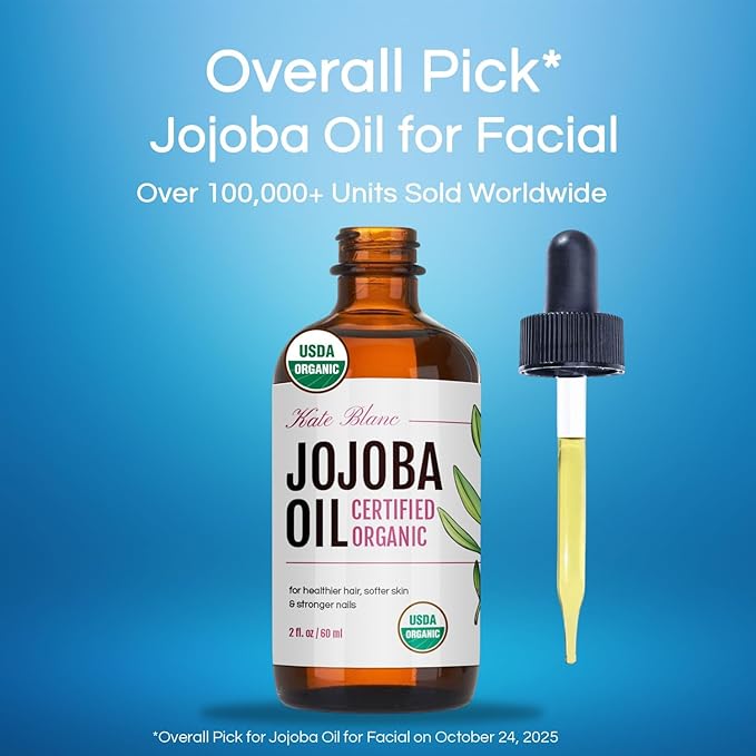 Kate Blanc Cosmetics Jojoba Oil Organic for Hair, Skin & Face (4oz, 100% Pure, Cold Pressed, Natural, Hexane Free, Glass Bottle) (Pack of 2)