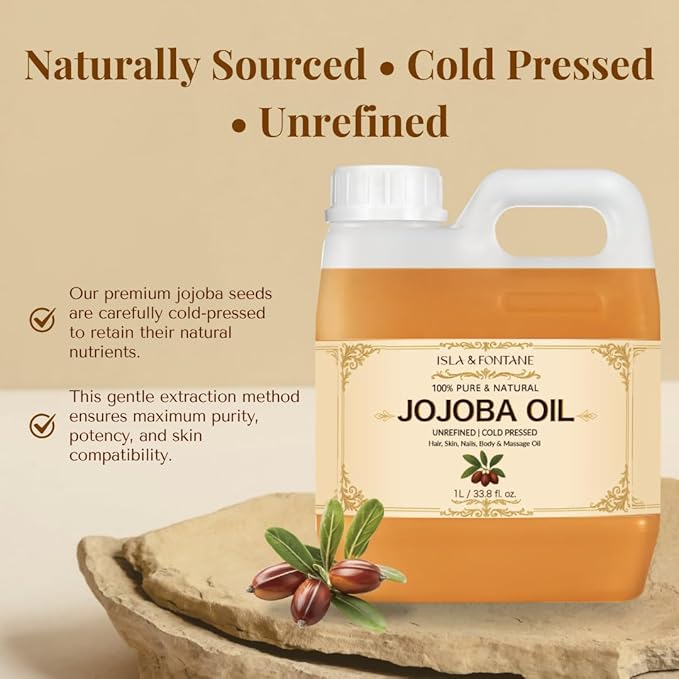 ISLA & FONTANE Jojoba Oil – 1L (33.8 fl oz) | 100% Pure & Natural | Golden, Unrefined, Cold Pressed | Hexane-Free Carrier Oil for Skin, Hair, Face, Nails & Body Moisturizing