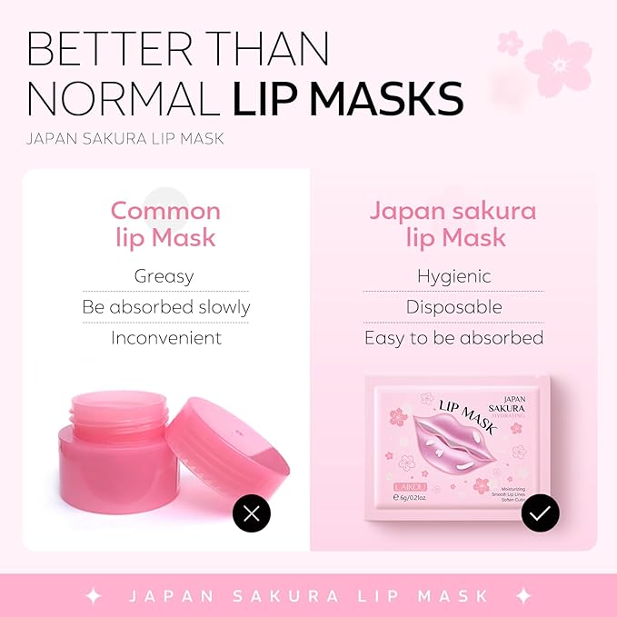 AKARY Sakura 10 Pieces Hydrating Lip Mask, Lip Sleep Mask Collagen Crystal Lip Care Gel Pads For Moisturizing, Minimize Fine Lines, Remove Dead Skin, Chapped Pads Lip Mask (10)