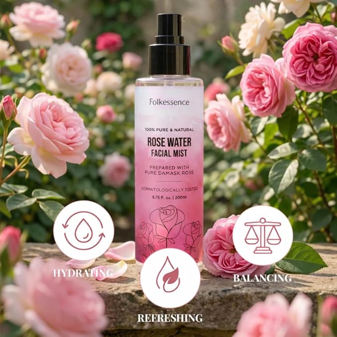 Folkulture Rose Water Facial Mist Spray 6.76 Fl Oz | 100% Pure, Natural Damask Rose Water Spray for Face & Hair | Face Mist, Toner, Skin Care, Haircare | Beauty Essentials & Gifts for Women
