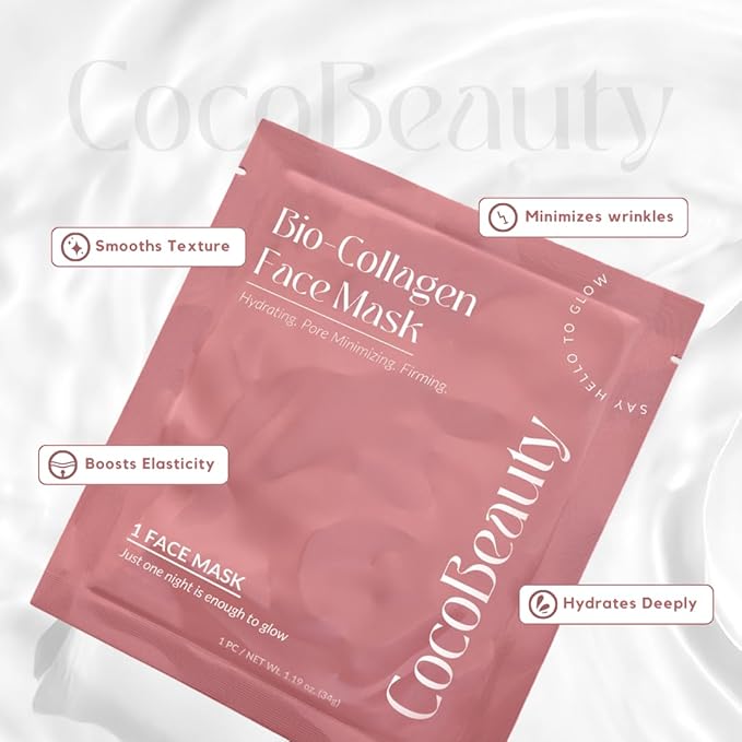 COCOBEAUTY Collagen Sheet Mask – Hydrating Korean Face Mask for Fine Lines & Anti-Aging, Deep Moisture, Radiant Skin Boost, Bio-Collagen Facial Masks (4 Pack)