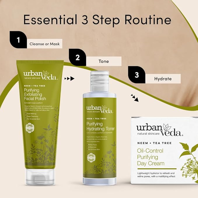 Urban Veda Purifying Exfoliating Face Scrub | Acne Face Wash Scrub with Neem Oil | Oil Cleanser Facial Scrub with Witch Hazel | Tea Tree Oil Face Scrub Exfoliator| Pore Cleaner Facial Polish|4.2 Fl oz