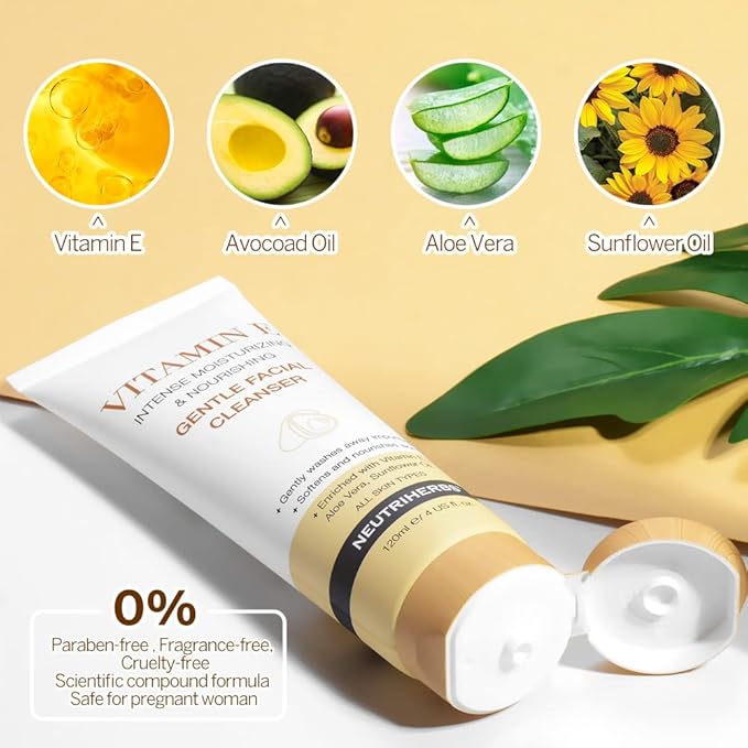 Neutriherbs Face Cleanser with Vitamin E, Gentle Facial Cleanser for Daily Clean and Purify, Face Wash Fit for All Skin Type, 4 fl.oz