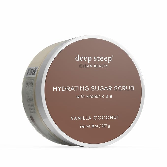 Deep Steep Sugar Scrub, Vanilla Coconut, 8 oz – Exfoliating Body Scrub with Organic Coconut Oil, Shea Butter & Argan Oil – Vegan, Clean Beauty, Smooth, Soft & Nourished Skin