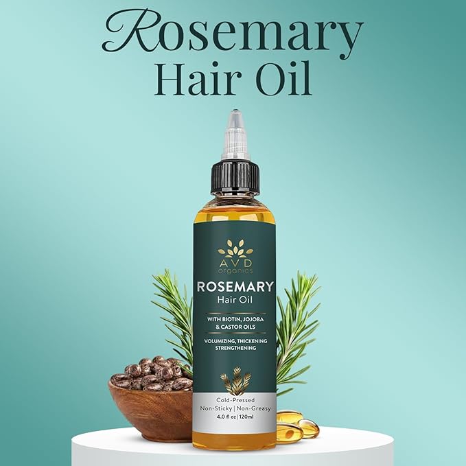 AVD Organics Rosemary Oil for Hair Growth & Scalp | Infused with Boitin | Hair Stregthening Nourishing and Volumizing | Infused with Jojoba & Castor Oil | Non - GMO 120ml