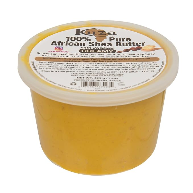 Kuza 100% African Shea Butter with Borututu - Creamy, Yellow - for Skin, Hair and Nails, 15 oz