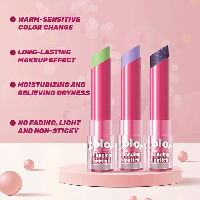 BINGBRUSH 3PCS Color Changing Lipstick Set, PH Lip Balm set Mood Lipstick, Natural Color-Changing Tint with Deep Moisture, Long Lasting Personalized Lip Gloss for Daily Wear or Gifts-SetB