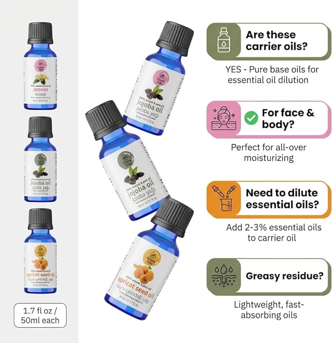 Jojoba Oil for Skin, Hair & Nails – Carrier Oils Set, Jojoba, Monoi & Apricot Kernel, 100% Pure Cold Pressed, Carrier Oil for Essential Oils Mixing, 1.7 fl oz Each, 3-Pack