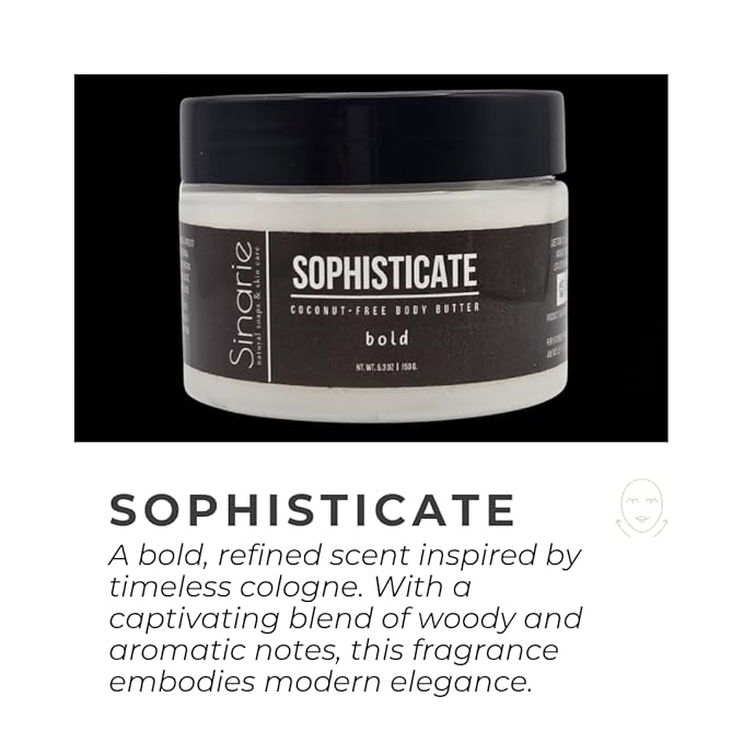Sinarie Coconut-Free Body Butter | Luxurious Hydration with Shorea Butter, Evening Primrose Oil, Argan & Moringa Oil | Non-Greasy, Natural Ingredients | For Sensitive Skin (5.3 oz., Sophisticate)