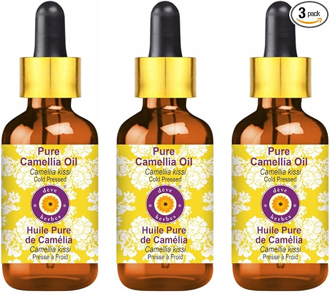 Deve Herbes Pure Camellia Oil (Camellia kissi) 100% Natural Therapeutic Grade Cold Pressed (100ml X 3 (10 Oz) with Glass Dropper)