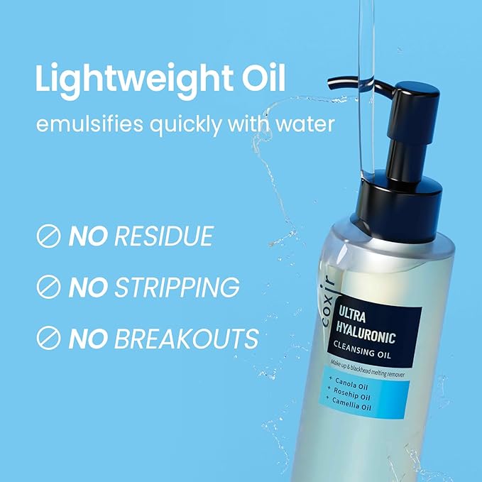 coxir ULTRA HYALURONIC CLEANSING OIL, Travel-Size, Korean Facial Cleanser l Blackhead, Makeup Removal with Hyaluronic Acid, Cruelty Free, No Mineral Oil [1.69fl.oz (Pack of 1)]